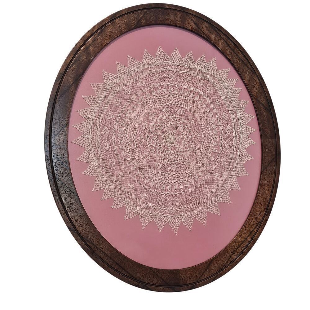 Vintage Framed Needlepoint Picture Pink Oval 80s Cottage Doily Mandala Country